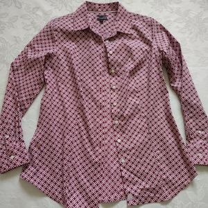 Talbots geo Medallion long sleeves shirt burgundy white wrinkle resistant